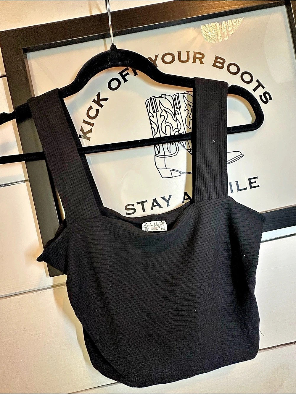 Free People Square Neck Rib Crop Black Crop Top
